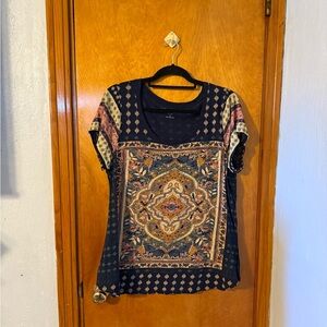 Lucky Brand Navy Multicolor Medallion Short-Sleeve Top